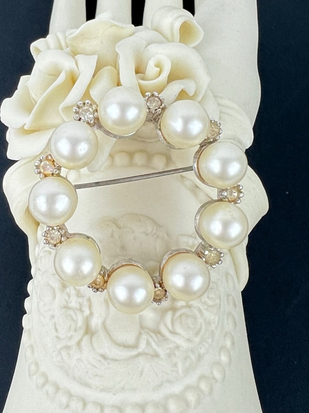 Ivory Pearl Circle Brooch with Clear Crystal Accents